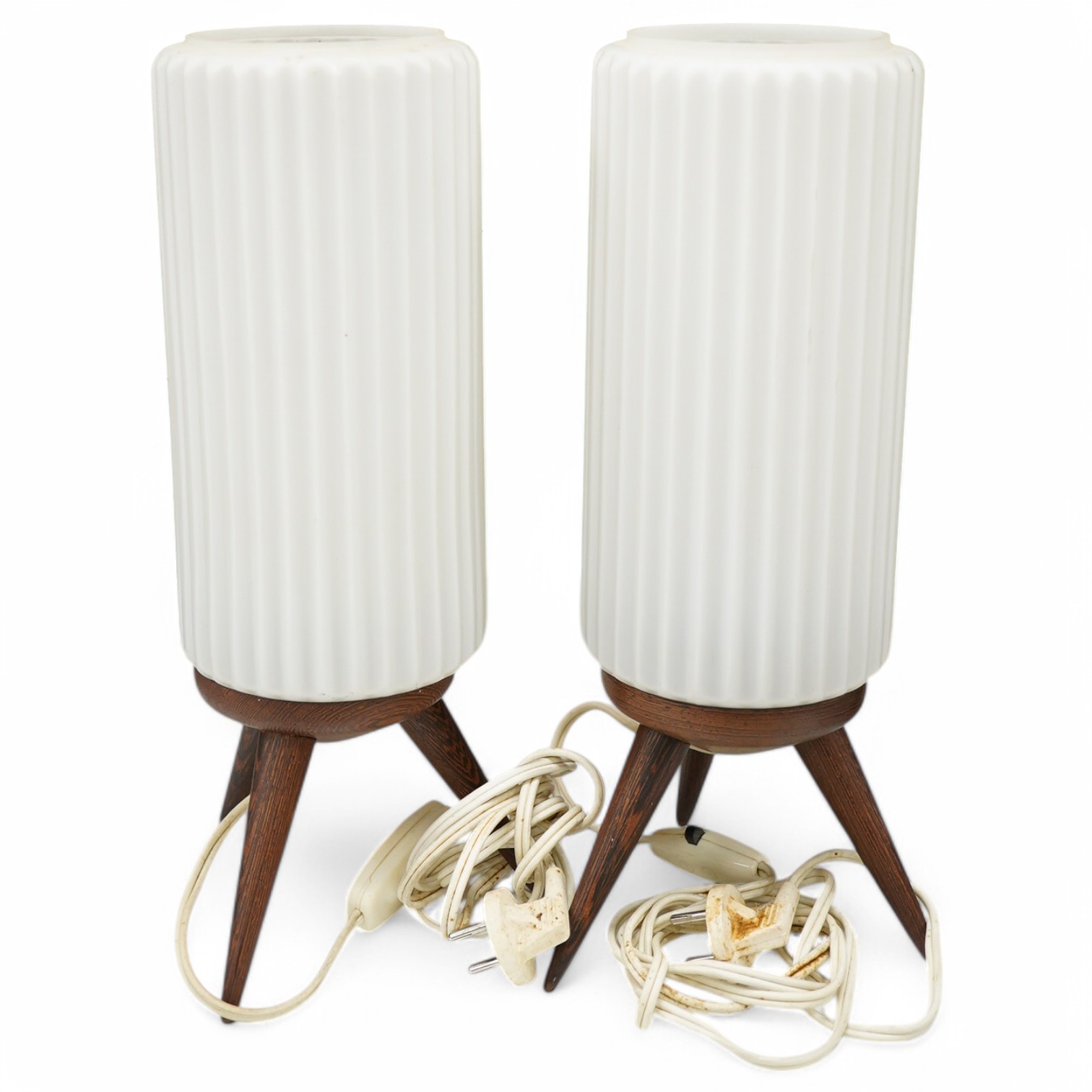 A pair of mid century modernist ribbed frosted glass shaded table lamps on three wooden tripod legs. 36cm high. Condition - good